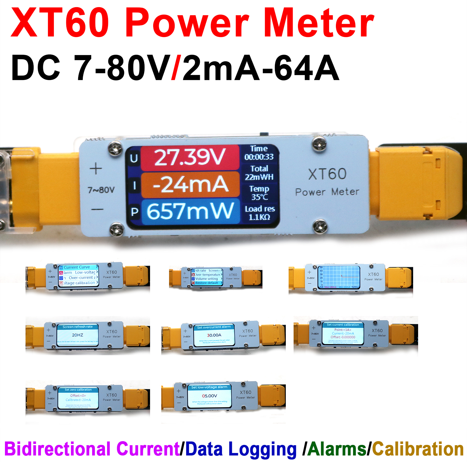 Drone Battery Voltage Checker - 64A DC XT60 Power Meter Pengukur